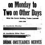 Three Accidents on Monday to Two on Other Days, a poster by the American Issue Publishing Co., Westerville, OH, 1913
